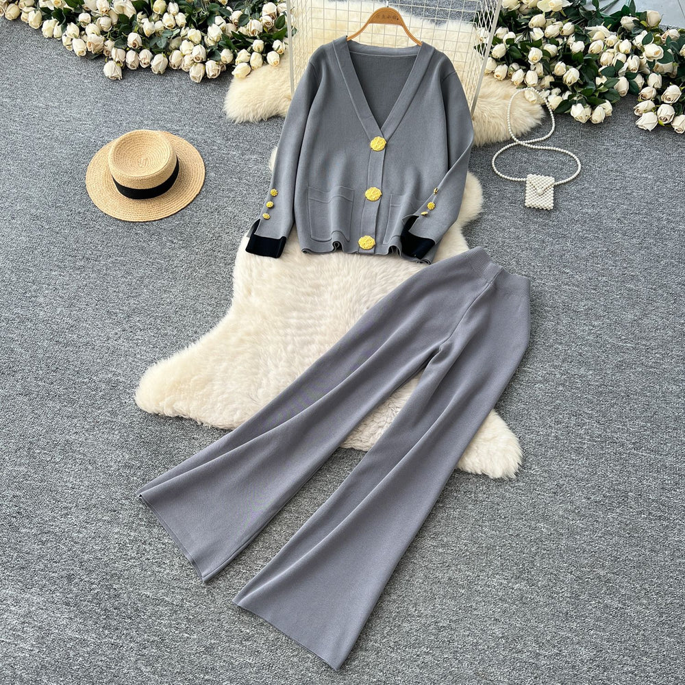 Xiaoxiangfengclassy heavy industry metal buttons v necklong sleevesknittingtops women's high waistloosestraight-leg pantssuit