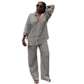 European and american cross-border african women's clothing  summer new fashion striped loose long-sleeved shirt and high-waisted pants set
