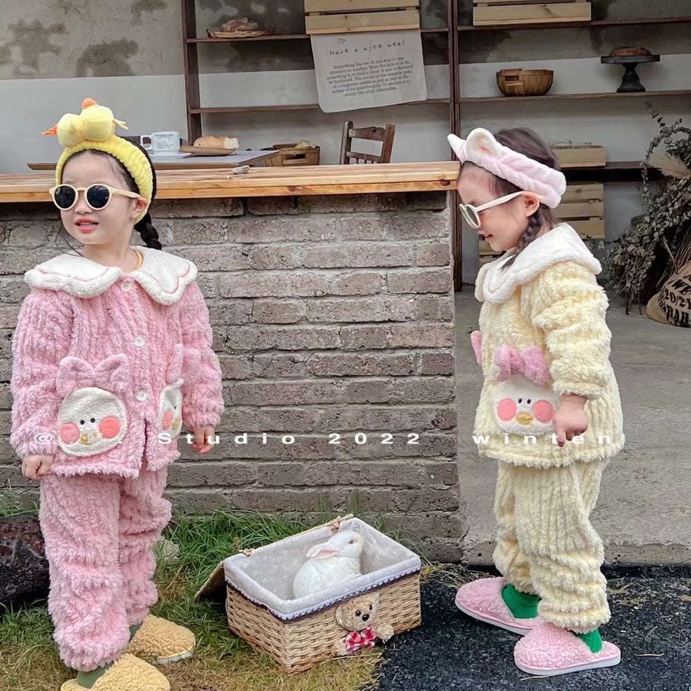 Girls' and boys' fleece-lined winter outerwear, baby girl's bunny ear pajamas, thickened sleepwear set