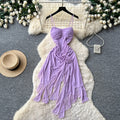 French purple sleeveless cami dress - women's summer floral print, cinched waist, slimming, asymmetrical hem, vacation style maxi dress