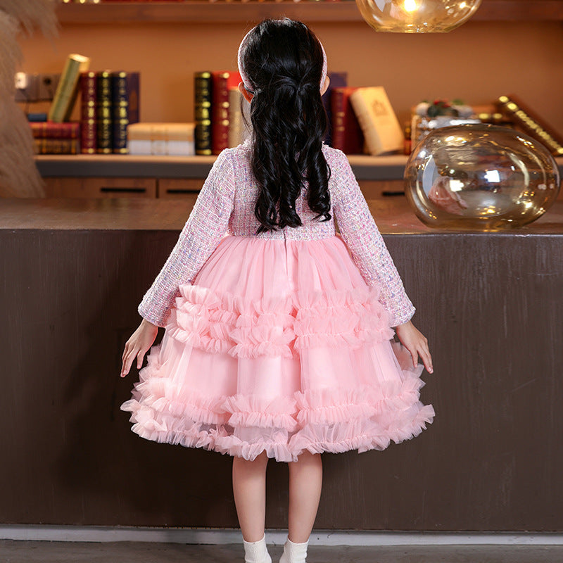 Ready-to-ship, hot-selling girls' dresses for winter, new  styles in a chanel-inspired design, featuring a puffy skirt and tiered cake skirt for children