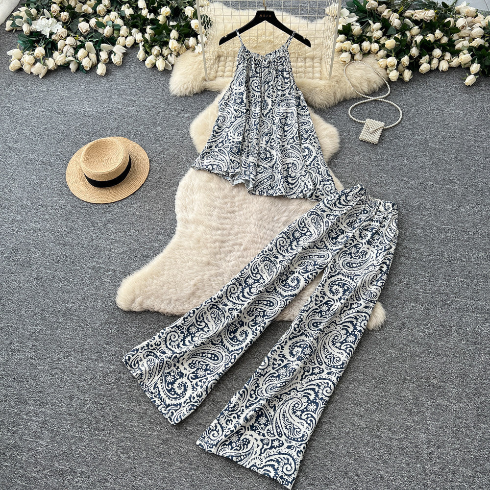 Lazy style printing vest loose pantseleganttwo-piece set women's summer flesh-covering slimming lookhigh waistslimming looksuit outfit