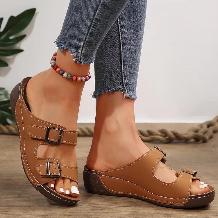European size exportplus sizethick sole belt buckle flip-flops women's cross-slope heel stitching open toe beach sandals