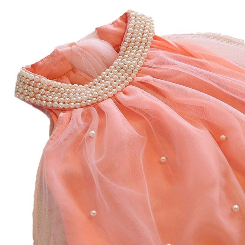 new fashion girls' clothing - american style mesh sleeveless beaded fashion dress - dropshipping available