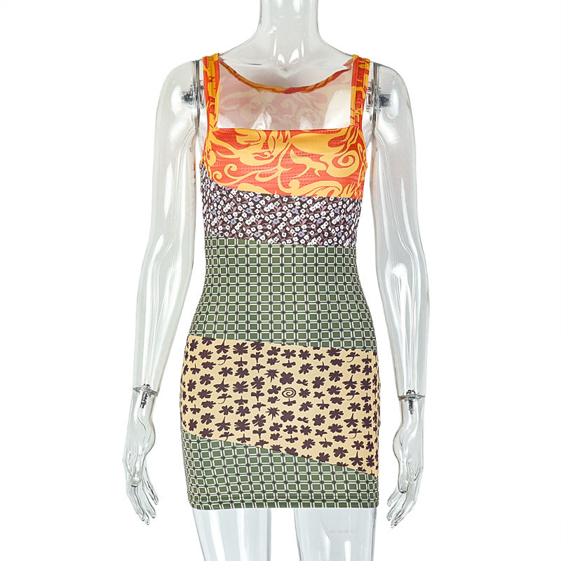 European and american style women's foreign trade printed patchwork slimming bodycon mini dress casual camisole off-the-shoulder sleeveless dress