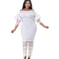 D247 cross-border new one-shoulder off-the-shoulder bodycon lace patchwork lantern sleeve european and american style formal dress - export dress