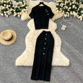 Classy outfit for women, small fragrant style, metal buckle, round neck, short-sleeved knittingtops, tight-fitting hip-covering skirt, two-piece set