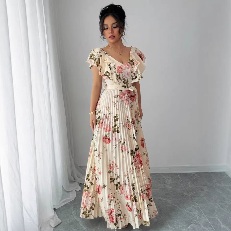 floral bubble sleeve french chic v-neck fitted waist maxi dress - printed floral summer dress