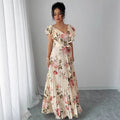 floral bubble sleeve french chic v-neck fitted waist maxi dress - printed floral summer dress