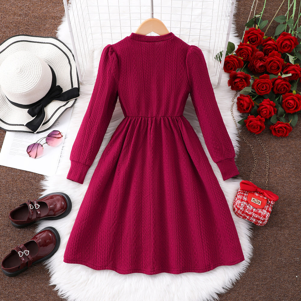 Girls' (tall) dress, autumn long-sleeve solid color bow dress