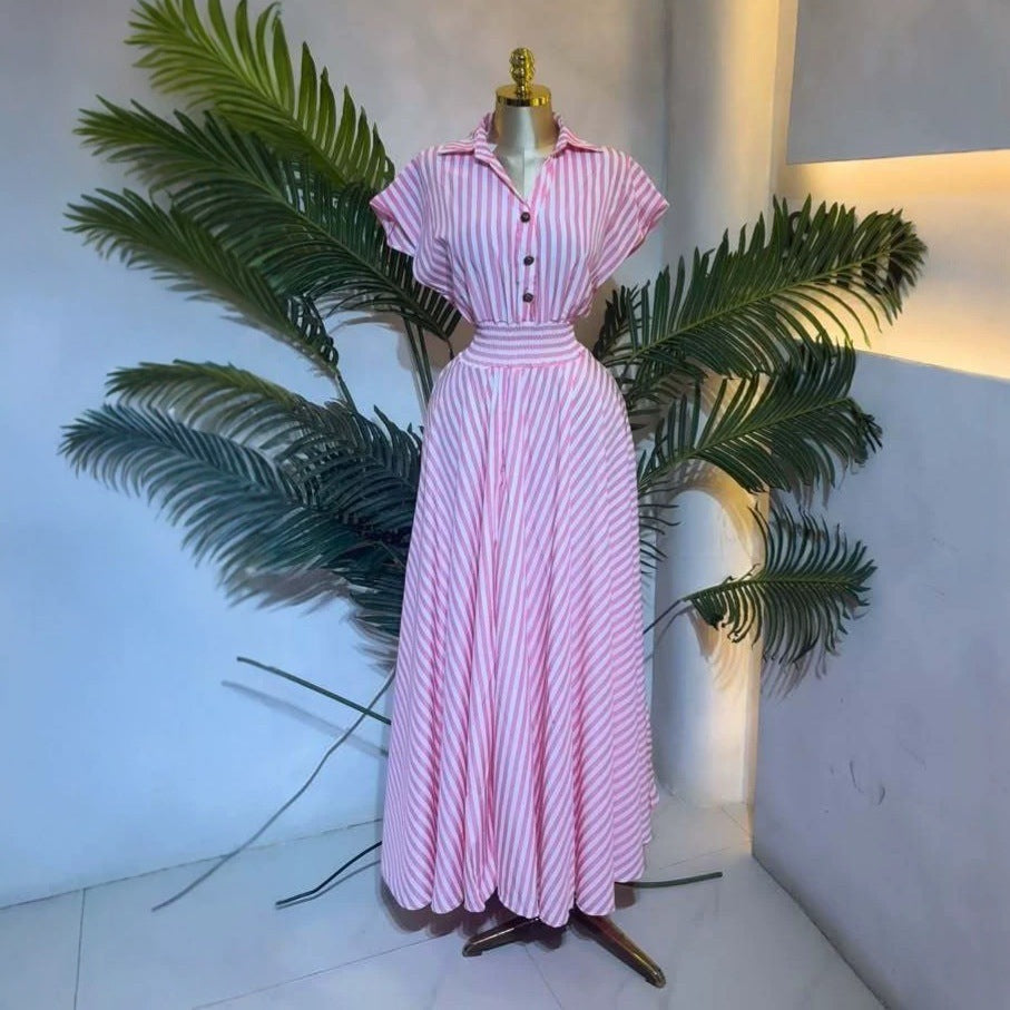 European and american cross-border women's fashion:  summer new arrival - elegant casual striped shirtdress with turn-down collar and cinched waist