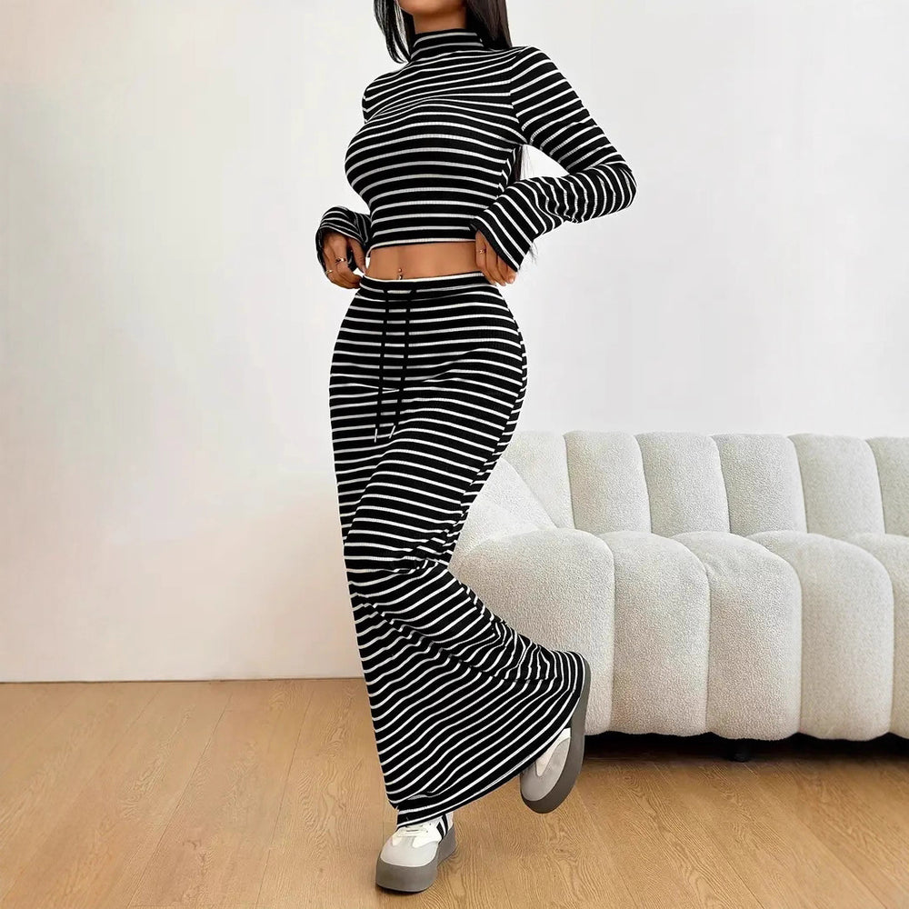 fashion women's solid color striped two-piece set: semi-high neck long sleeve top & drawstring waist maxi skirt