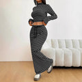 fashion women's solid color striped two-piece set: semi-high neck long sleeve top & drawstring waist maxi skirt