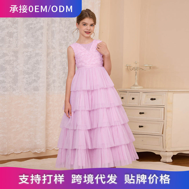 Custom girls' formal dresses, tiered cake dresses, long vest dresses, cross-border e-commerce, big & tall girls' dresses, french princess dresses