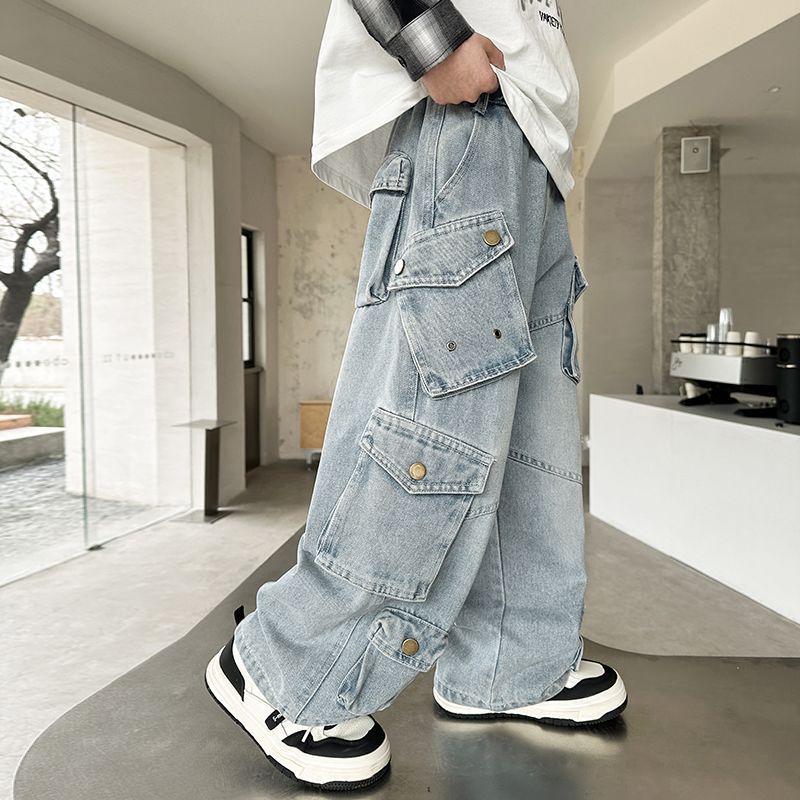 Boys' spring/autumn denim jeans - new korean style, stylish kids' loose-fit pants, mid-to-large size boys' spring cargo pants