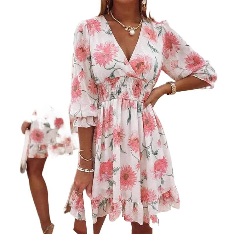 Amazon color block patchwork tiered v-neck flared sleeve a-line casual ruched waist ruffle chiffon dress for women