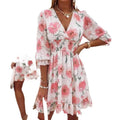 Amazon color block patchwork tiered v-neck flared sleeve a-line casual ruched waist ruffle chiffon dress for women