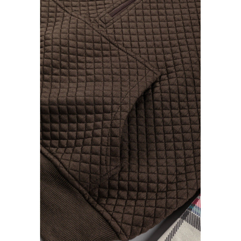 Shipped: women's plaid sleeve quilted half-zip sweatshirt - stand collar patch pocket, perfect for autumn and winter