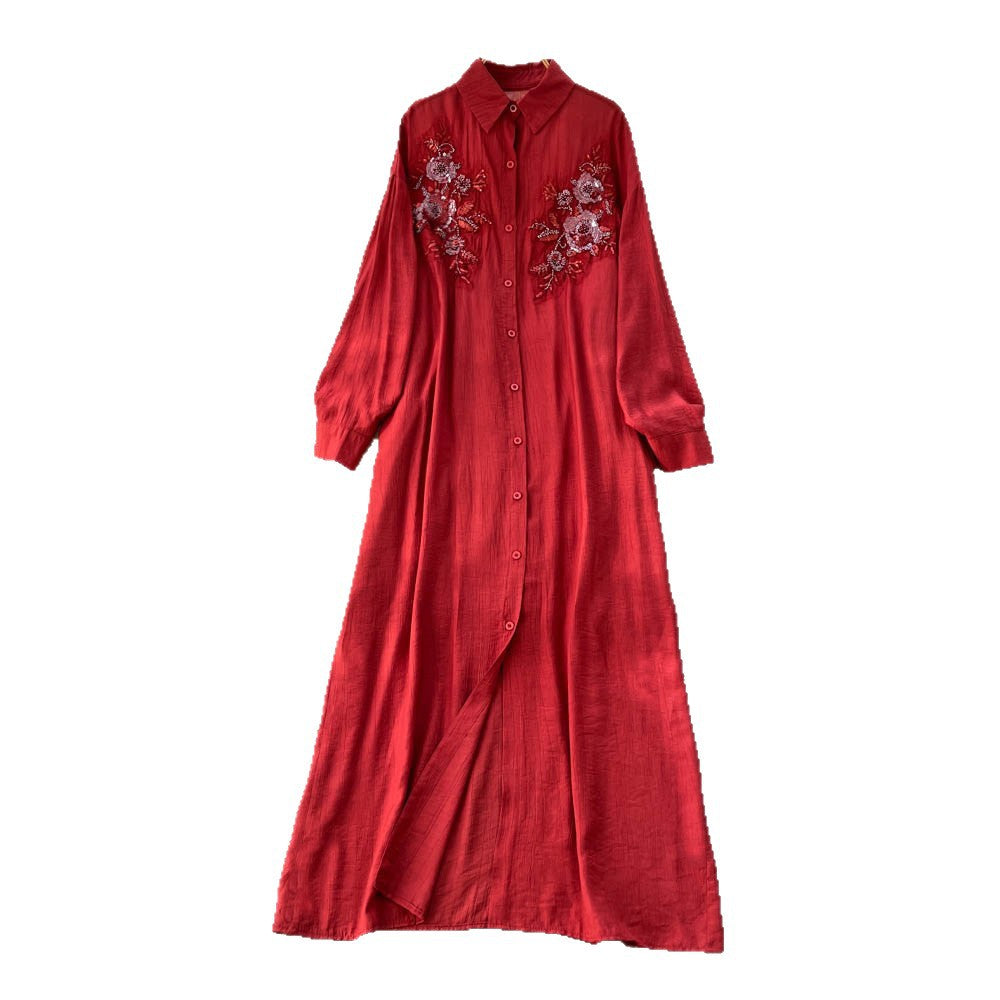 French retro 3d floral embroidered red a-line dress - women's autumn korean style long sleeve slimming elegant maxi dress