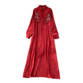 French retro 3d floral embroidered red a-line dress - women's autumn korean style long sleeve slimming elegant maxi dress