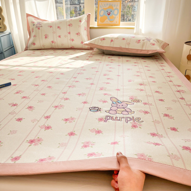 Summer ice rattan mat three-piece cartoon mattress foldable embroidered ice silk mat can sleep naked air conditioner soft mat