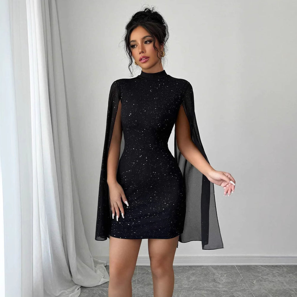 European hot girl dress - sparkling print, high neck, lantern sleeves, bodycon, sexy bodycon skirt