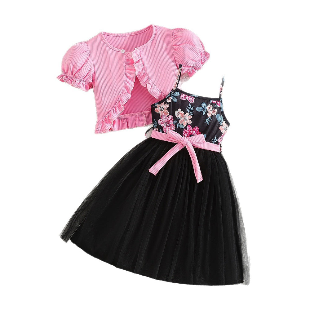girldresssuit pink lantern sleeve outer printed suspender gauze skirt kids tutu skirt