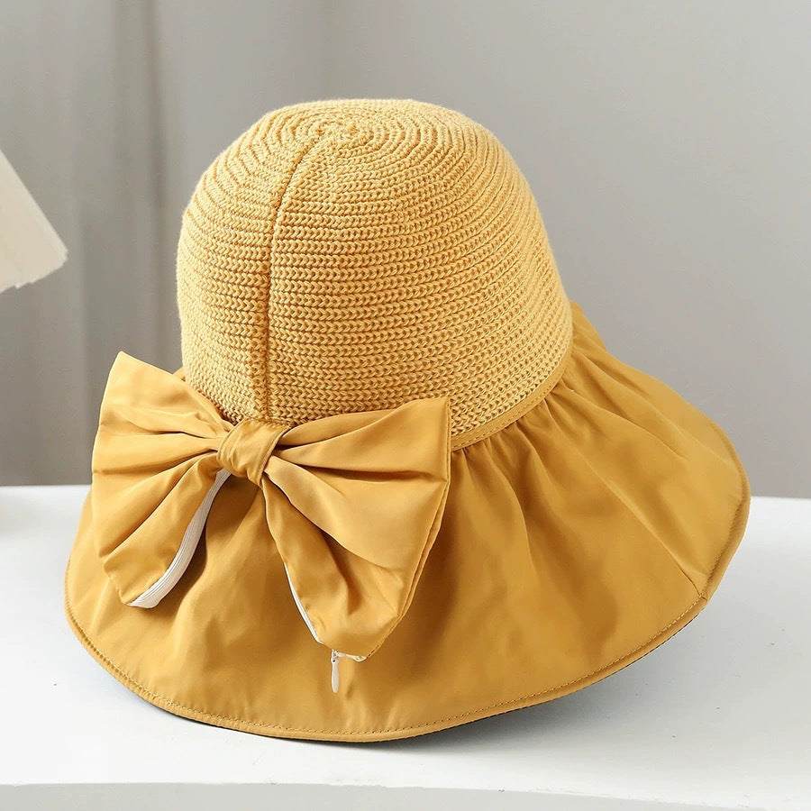 Sunscreen hat Women's UV protection Sun hat Foldable vinyl bow storage bucket hat Face covering Big brim hat