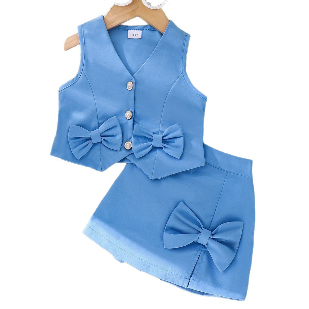 Children's clothing shein cross-border girl suit blue vest + shorts two-piece set