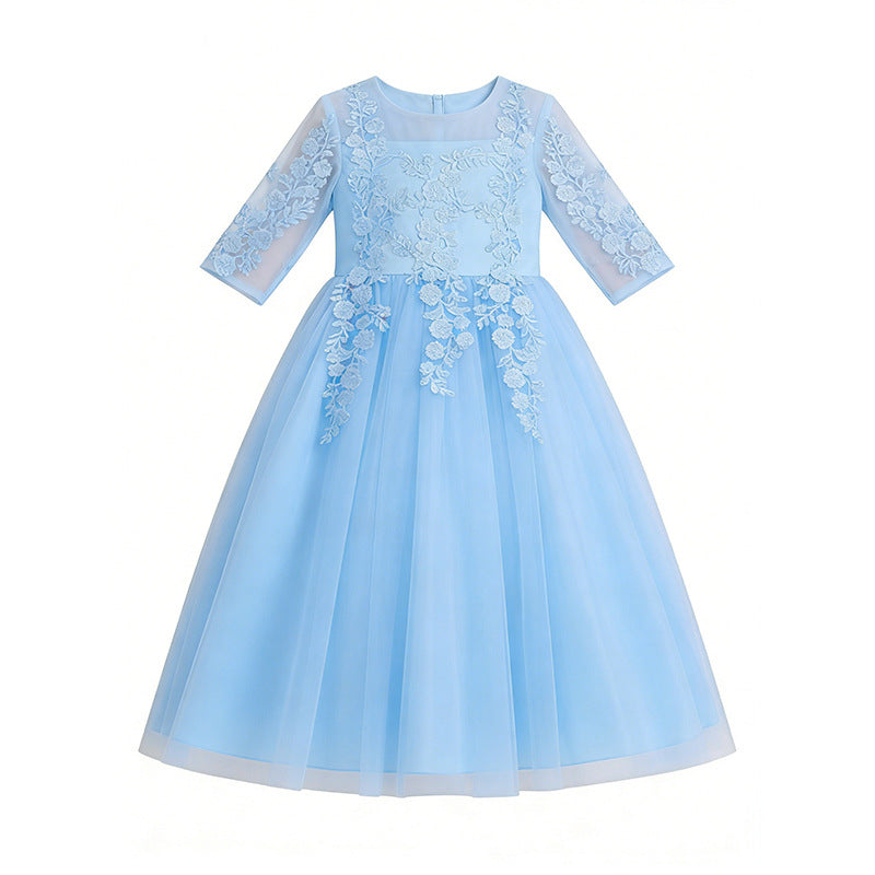 European and american style flower girl dress long sleeve princess children's wedding dress tutu girl's princess dress three-quarter sleeve summer
