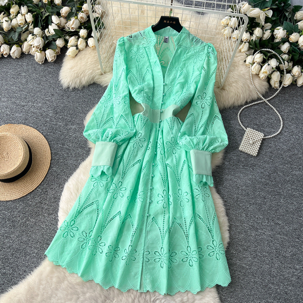 Frencheleganceniche stylefashionheavy industrycut outembroiderv neck lantern sleeve single breasted waist slimming lookdress women