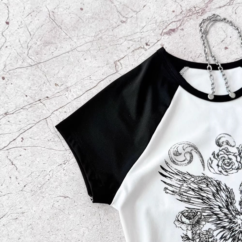Girls' american retro fashion heart print raglan sleeve black and white color block cropped slim fit top t-shirt