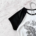 Girls' american retro fashion heart print raglan sleeve black and white color block cropped slim fit top t-shirt