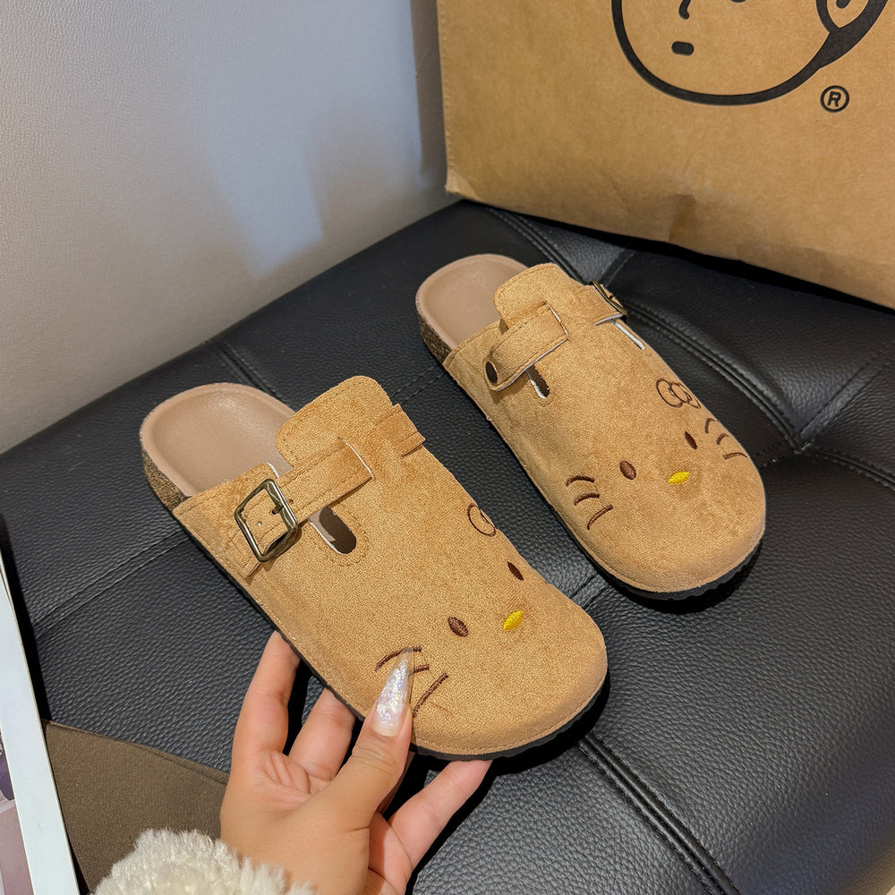 Sewing cartoon cat birkenstock shoes women's half-slippers thick sole loafers outweareasiest for match soft bottom spring summer toe-cap shoes wholesale