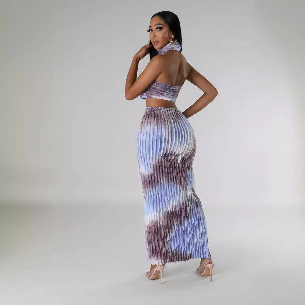 European and american cross-border fashion sexy women's clothing  summer new arrival: halter neck wrap, backless maxi dress three-piece set