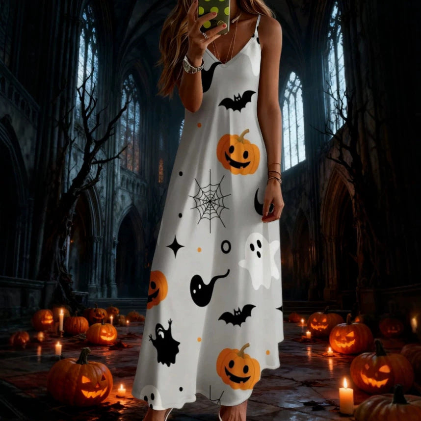 halloween pattern printing longdressv neckloose vacation suspender skirt
