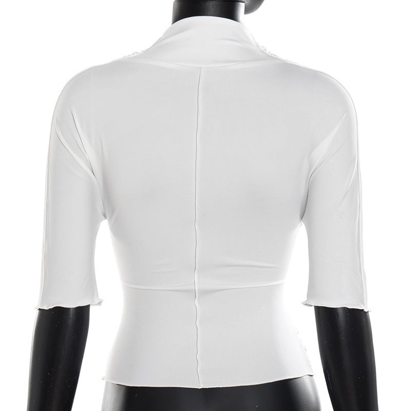 european and american style pullover spring/summer overlap collar long sleeve slim fit versatile solid color ruched top designer women's t-shirt