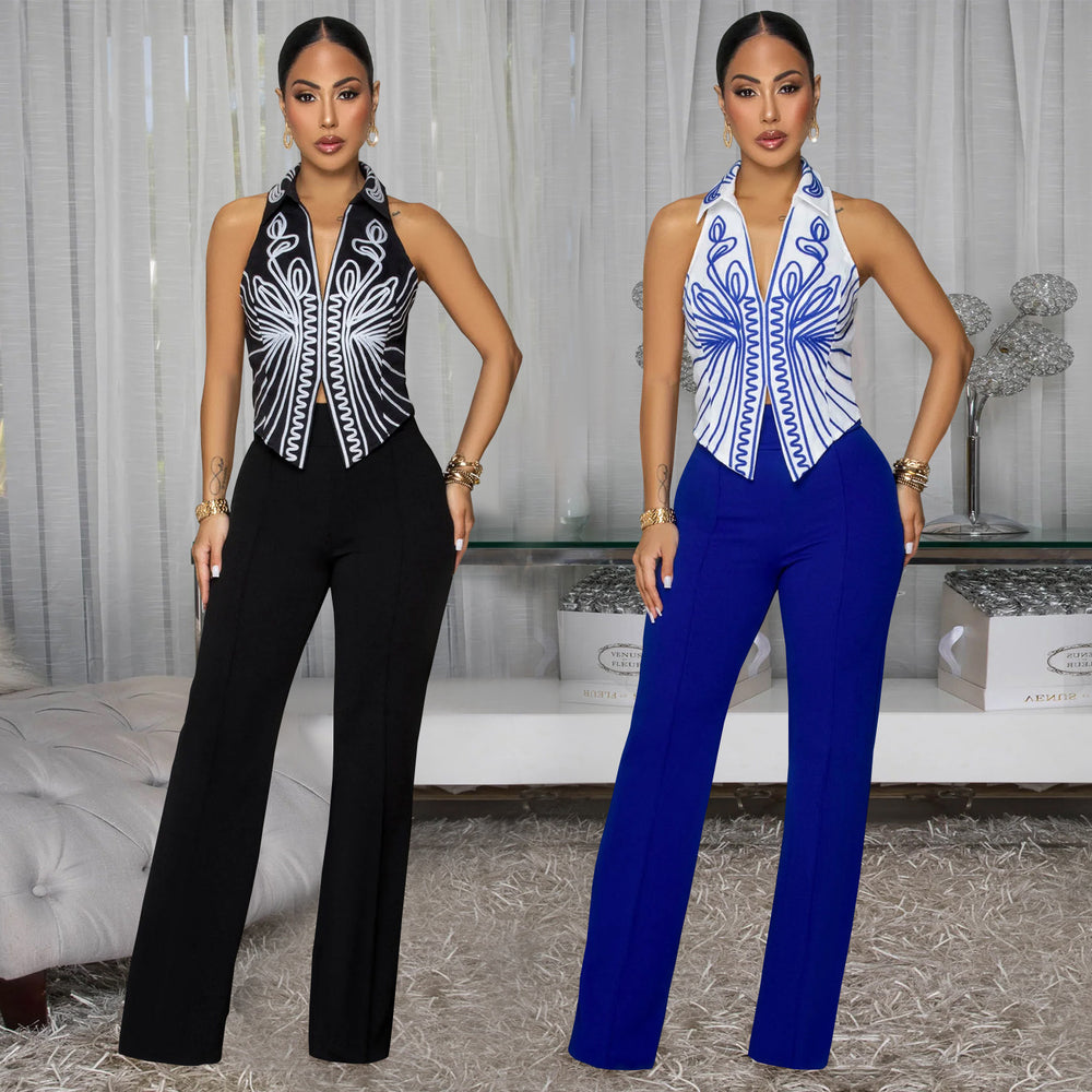 C7452 cross-border   fashion women's elegant printed top and pants two-piece set