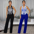 C7452 cross-border   fashion women's elegant printed top and pants two-piece set