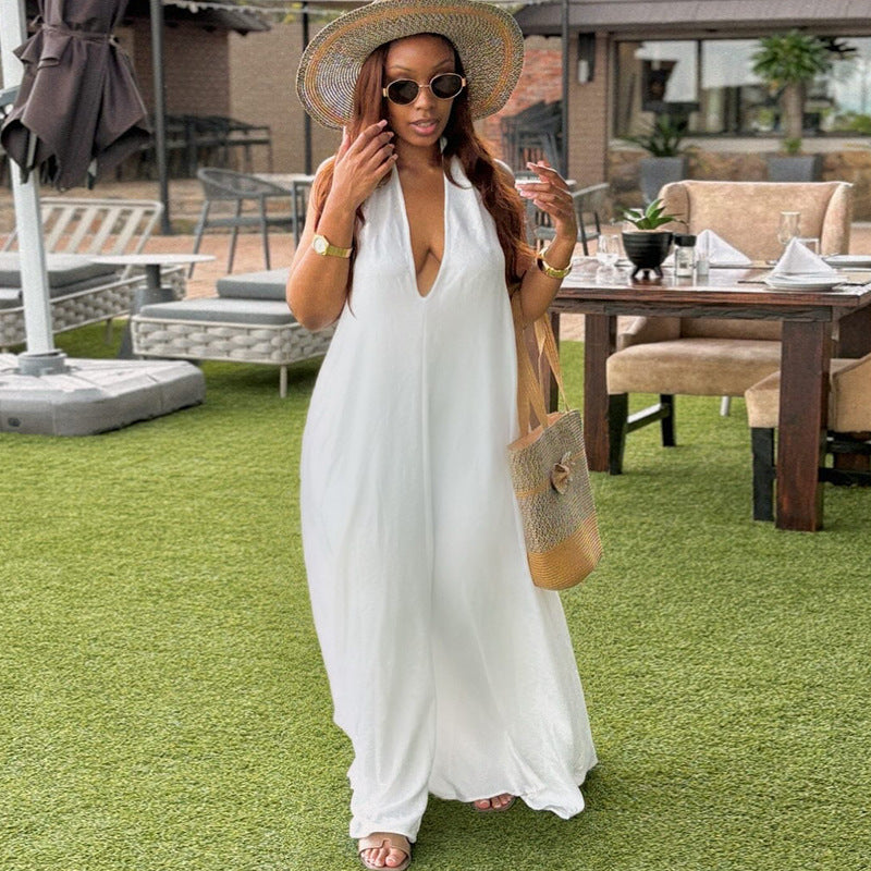 European and american cross-border african women's clothing  summer new arrival: elegant v-neck backless white long slip dress