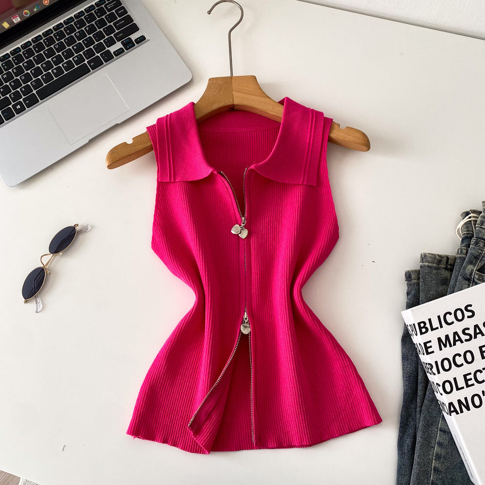 Korean style commute chic: women's summer slim-fit sleeveless knit vest with polo collar and zipper detail