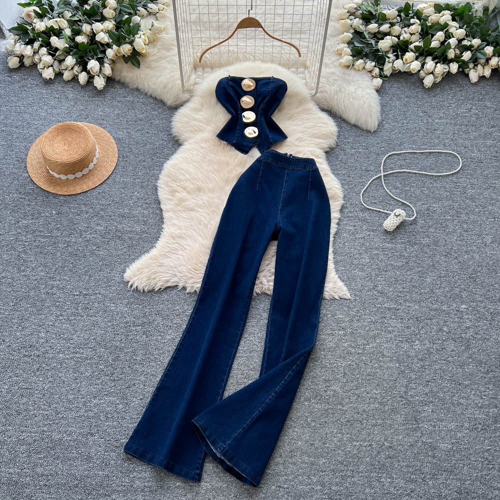 Fashion hot girl denim suit women's metal buckle suspender tube top vest + high waist tight slimming look micro-flared pants
