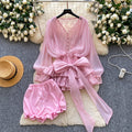 Fairy atmosphere niche stylebows strap waist lacepatchworklong sleevesruffles mesh dressshorts