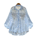 Luxury-inspired, heavily embellished beaded & sequined embroidered lantern sleeve blouse - women's summer lightweight, loose-fit outerwear long sleeve top