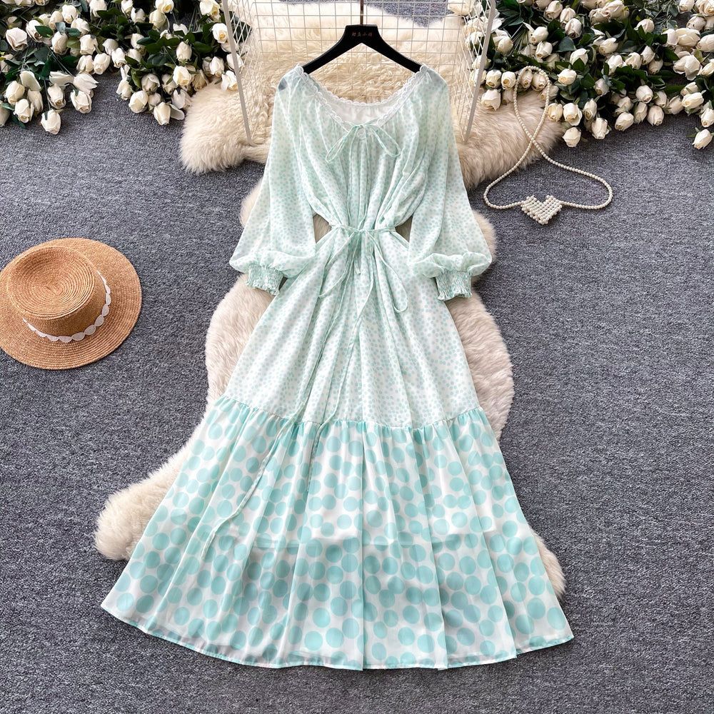 K-styleretro polka dot floral dress women's springlong sleevesv neck waist a-line skirtelegantslimming lookwork clothing skirt