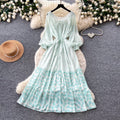 K-styleretro polka dot floral dress women's springlong sleevesv neck waist a-line skirtelegantslimming lookwork clothing skirt