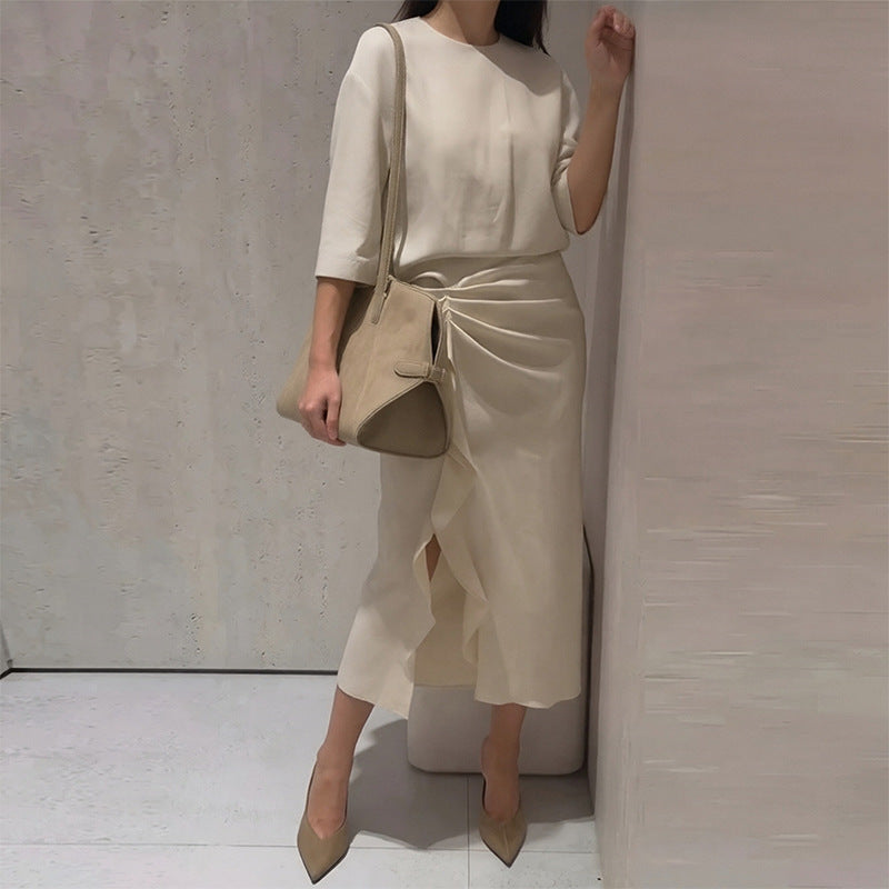 cross-border european and american women's clothing: summer dress for women, casual vacation style solid color slit pleated dress