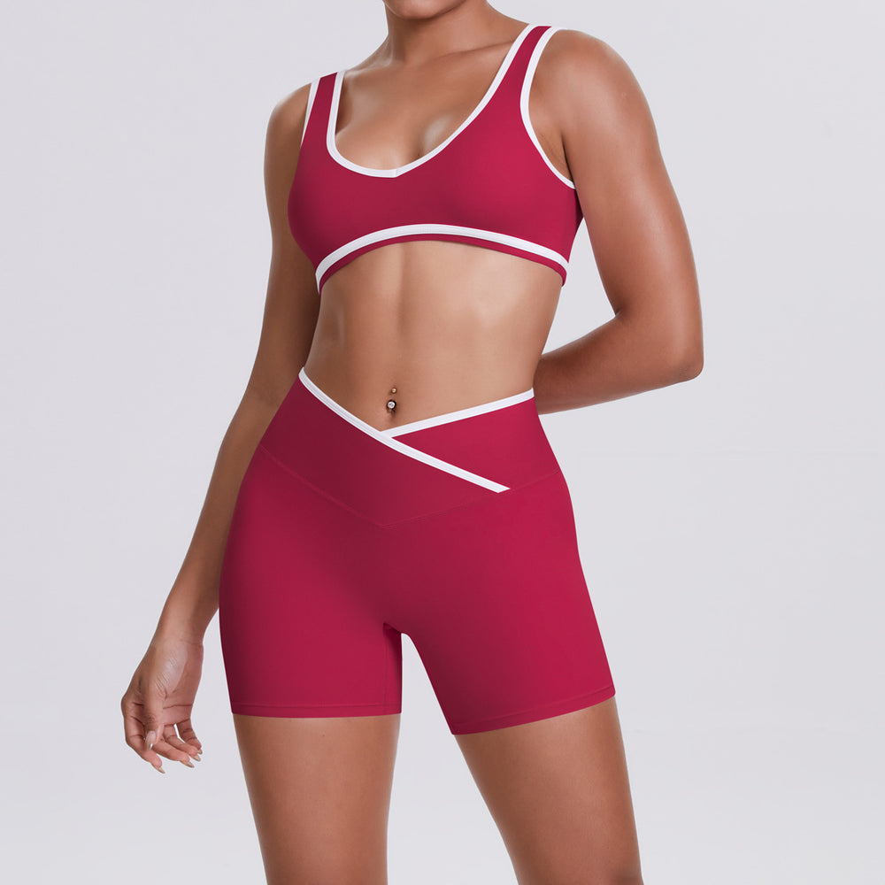double-sided brushed contrast color tight breathable cross-waist yoga suit sports running fitness two-piece set for women