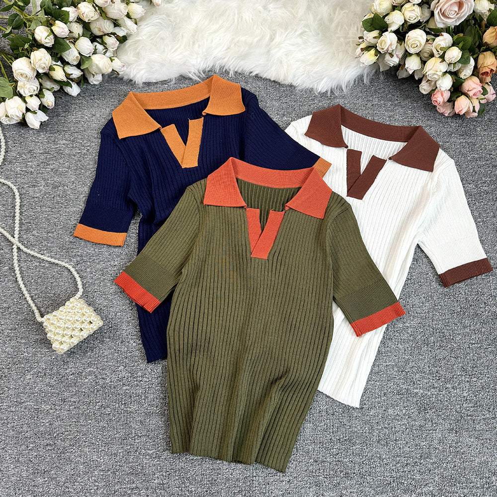 French polo collar color block knit top - women's summer slim fit short sleeve lightweight knit t-shirt - trendy outerwear