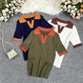 French polo collar color block knit top - women's summer slim fit short sleeve lightweight knit t-shirt - trendy outerwear